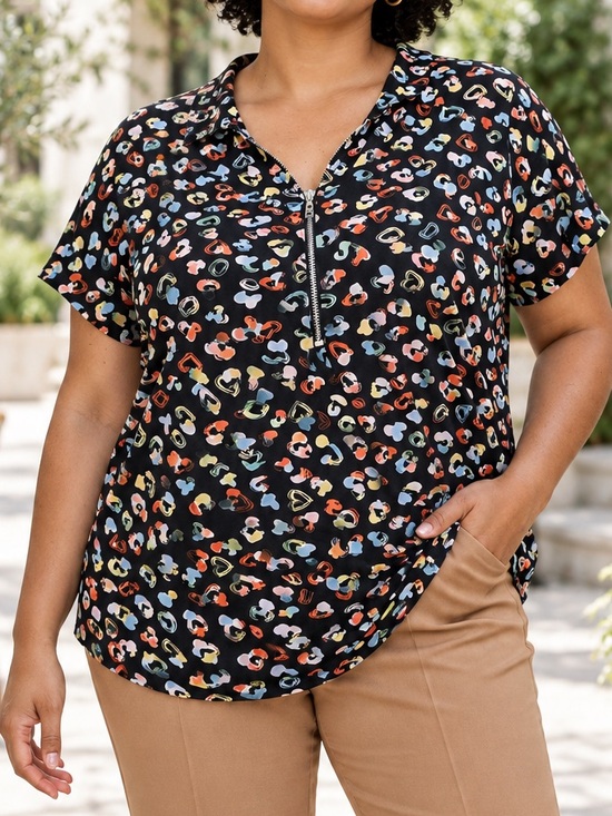 Cocomo Tops - Cocomo-NWT Black Heart-Print Zip Front Blouse Size Large